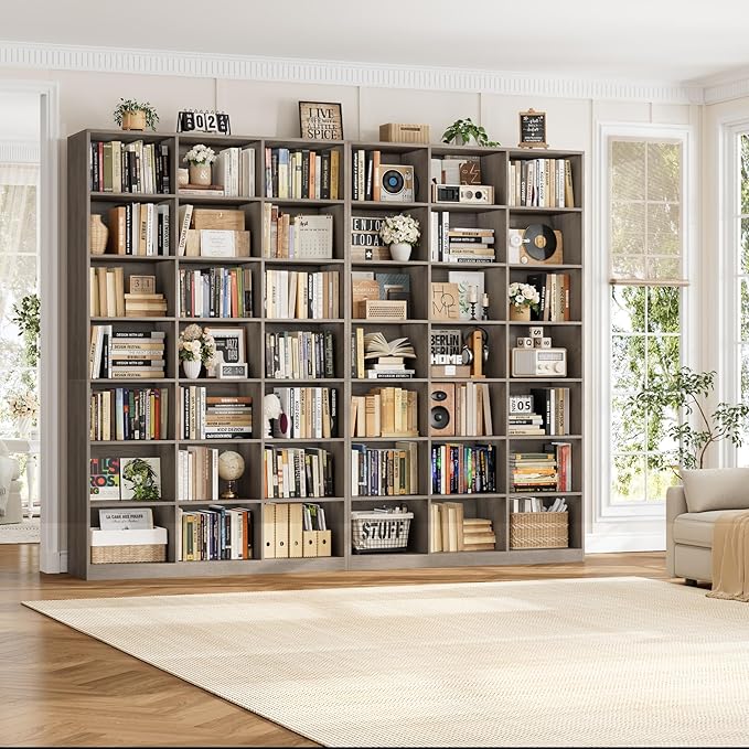 HOSTACK 86"H Triple Wide Bookshelf and Bookcase, 7 Tier Tall Bookshelf with Storage, Large Bookcase with 21 Open Display Storage Shelves, Wood Book Shelf Media CD DVD Storage for Living Room, Ash Gray