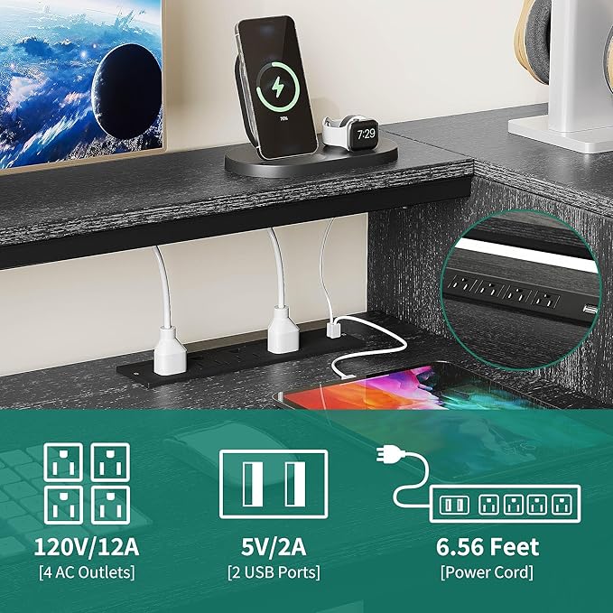 YITAHOME L Shaped Desk with Drawers, 59" Corner Computer Desk with Power Outlets & LED Lights, Farmhouse Wood L-Shaped Desk with File Cabinet, Printer Stand, Host Stand for Home Office, Grey
