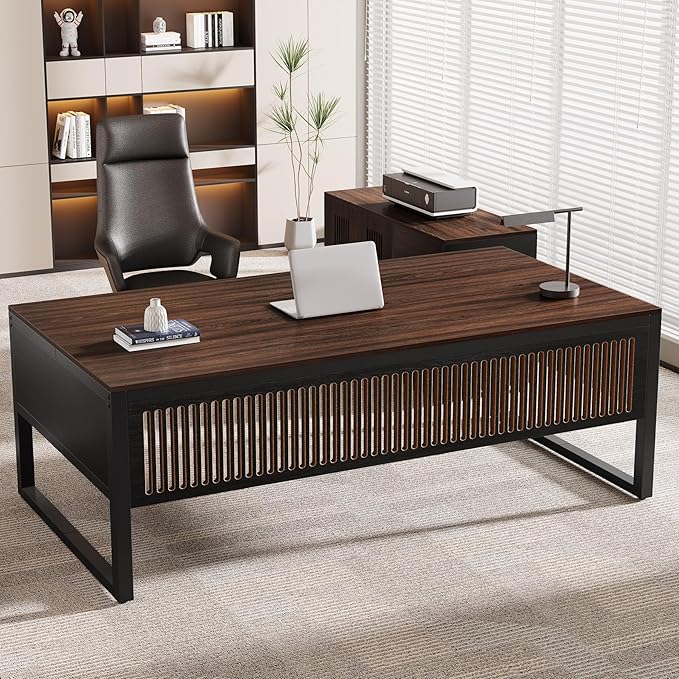 Tribesigns 63-Inch Executive Desk, Large Office Desk with Mobile File Cabinet, Modern L-Shaped Computer Desk Business Furniture with Door Storage Cabinet for Home Office, Dark Walnut & Black