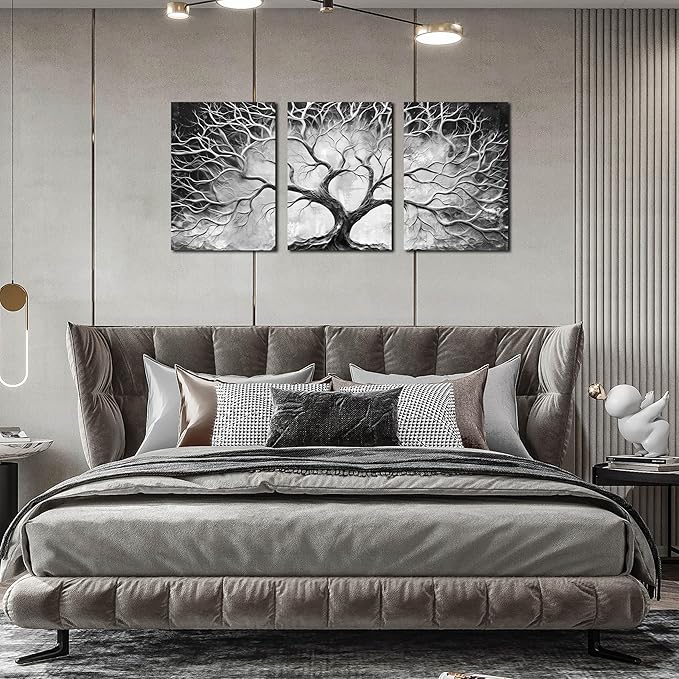 Tree Pictures Wall Art for Living Room - Black and White Canvas Wall Art for Bedroom - Home Office Decor Wall Size 16" x 24" x 3 Pieces