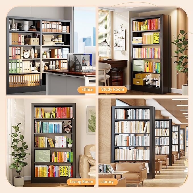 5-Tier Bookcase with Adjustable Storage Shelves, Heavy Duty Bookcase, Metal Bookshelf with Book Stopper, Black Bookcase Shelf for Library, Office, Living Room