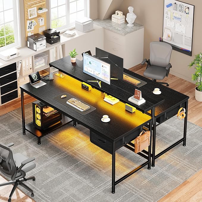 47.2" Gaming Desk with Power Outlet and LED Lights,Computer Desk with Adjustable Monitor Stand and Drawer,Office Desk with CPU Stand for Home Work,Study and Gaming, Small Spaces,Black
