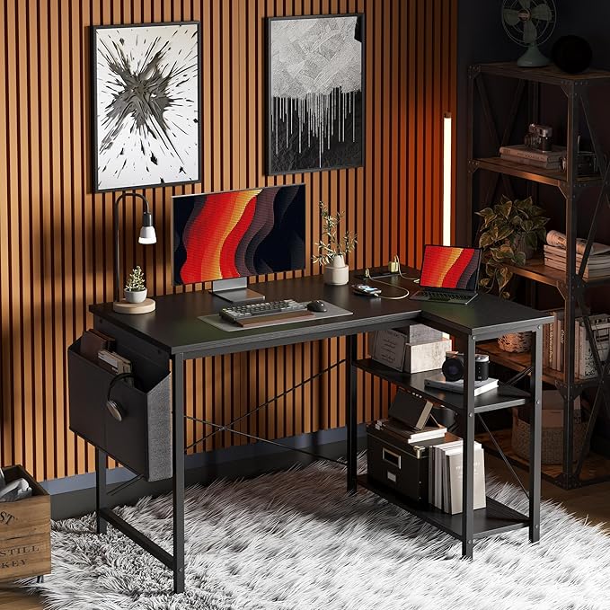 TIQLAB Small L Shaped Desk with Power Outlets - 40 inch Gaming Corner Computer Desk Writing Table, Reversible Large Storage Shelves, Bookshelf Workstation for Study Play Work Home Office, Black