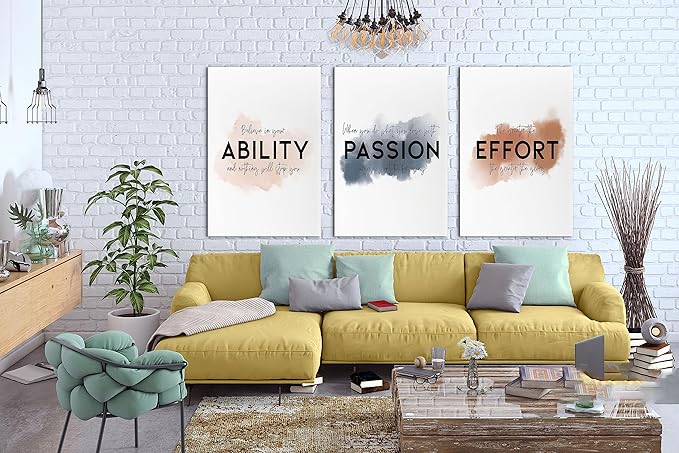 SHMAO Office Canvas Wall Art Motivational Wall Decor, 3 Piece Ability Passion Effort Print Pictures for Office Wall Decor Women Inspirational Framed Artwork Home Office Decor 24”x36”x3 Panels