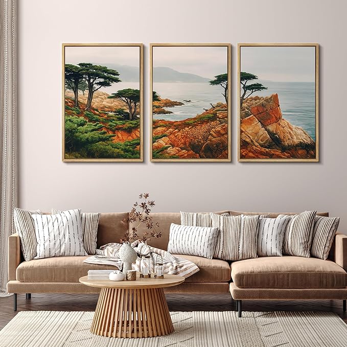 SIGNFORD Framed Wall Art Print Set Coastal Cypress and Rocky Shoreline Scenic Landscape Digital Art Modern Art Contemporary for Living Room, Bedroom, Office - 24"x36"x3 Natural