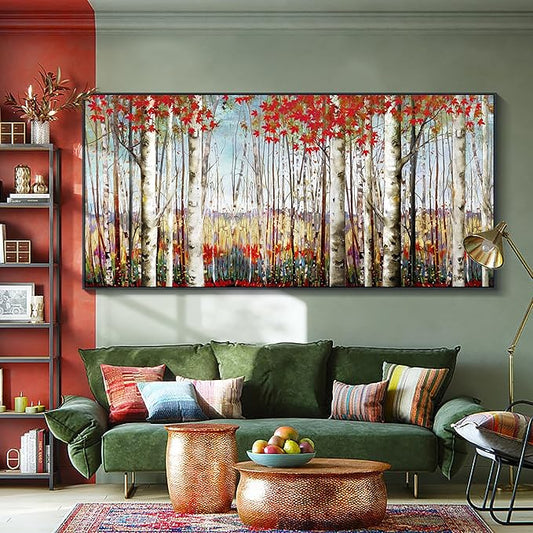 Large Canvas Wall Art - Framed Aspen Tree Oil Painting Style, Birch Tree Pictures for Living Room Wall Decor & Bedroom, 29x58 Modern Nature Artwork for Walls