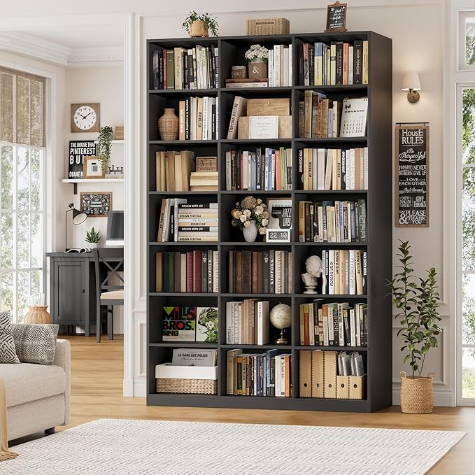 HOSTACK 86" H Triple Wide Bookshelf and Bookcase, 7 Tier Tall Bookshelf with Storage, Large Bookcase with 21 Open Display Storage Shelves, Wood Book Shelf Media CD DVD Storage for Living Room, Black