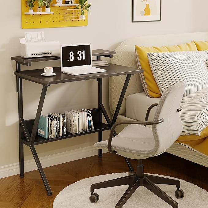 COTUBLR Small Desk, 27.5 Inch Small Computer Desk for Small Spaces, Computer Desk with Adjustable Monitor Stand, Compact Desk with Storage, Tiny Desk Study Desk for Bedroom Home Office, Black
