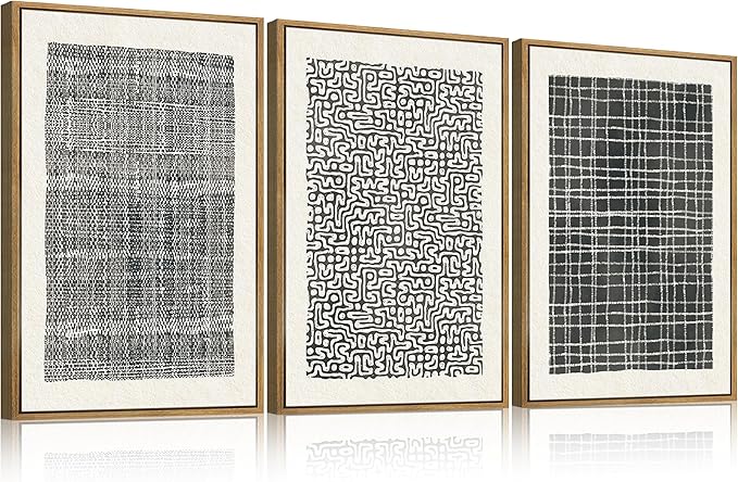 BINCUE Abstract Line Wall Art Set of 3 Modern Neutral Black Wall Decor Geometric Minimalist Artwork Black Abstract Wall Art Framed Modern Paintings for Living Room Bedroom Office Bathroom 24"x36" Gift