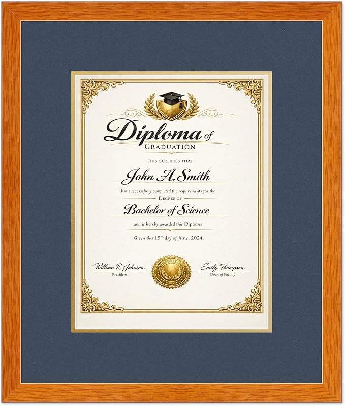 CountryArtHouse Diploma Frame Fits 10 x 13 College Diploma (Portrait Traditional) - Keepsake Graduation Dis Honey Oak Genuine Hardwood with Navy Blue Over Metallic Gold Double mat