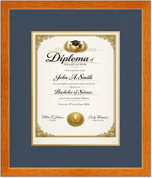 CountryArtHouse Diploma Frame Fits 10 x 13 College Diploma (Portrait Traditional) - Keepsake Graduation Dis Honey Oak Genuine Hardwood with Navy Blue Over Metallic Gold Double mat