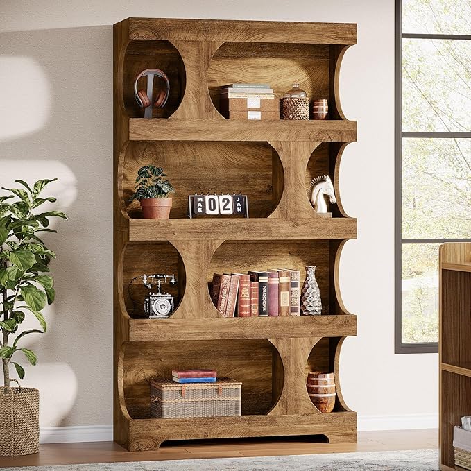 Tribesigns 71" Tall Bookcase, Modern Asymmetrical Bookshelf, 4-Tier Freestanding Display Shelf with Classic Shape, Large Library Book Shelf for Living Room, Home Office, Brown