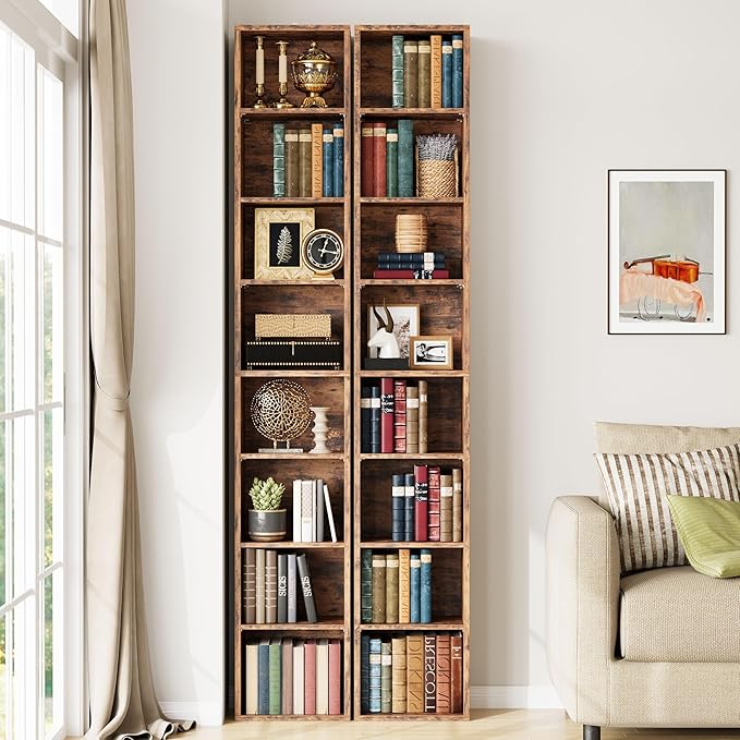 IRONCK Tall Narrow Bookshelf 8 Tiers 71in Set of 2, Compact Corner Bookcase, Easy to Match for Living Room, Office, Study, Bedroom