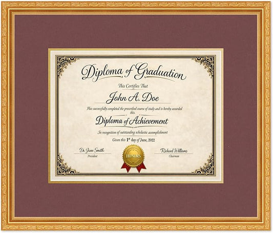 Diploma Frame Museum Gold with Dark Red Over Gold Double Mat - Fits 13 x 10 College Diploma (Traditional) Wall Display Made in the USA
