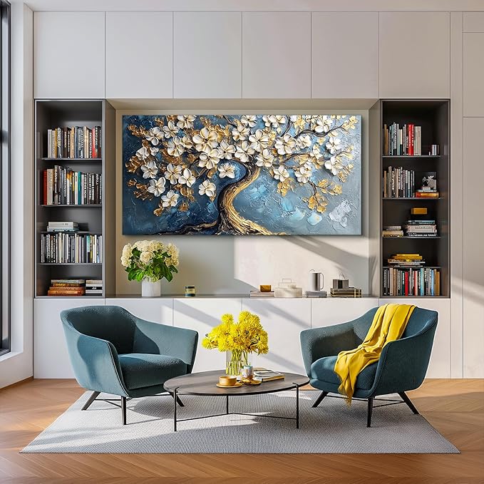 SERIMINO Gold Tree of Life Large Wall Art, Abstract Tree Oil Painting Art Prints, Cherry Blossom Flower Canvas Art Wall Decor, Modern Aesthetic Wall Pictures for Living Room Bedroom Office 29"X57"