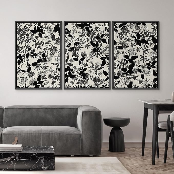 SIGNWIN Framed Canvas Print Wall Art Set Black and White Botanical Collage Monochrome Floral and Leaf Illustrations Modern Art Decorative Abstract for Living Room, Bedroom, Office - 16"x24"x3 Black