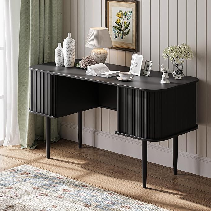 55" Modern Writing Desk with Storage, Wood Home Office Desk with Sliding Doors, Computer Desk for Home Office, Dorm, Living Room, Home Study Table, Black