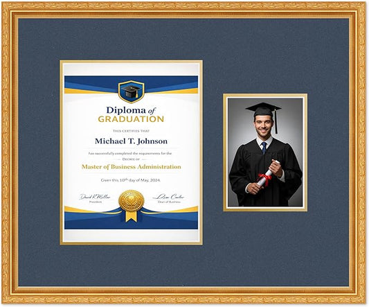 Diploma Frame With Photo Opening Museum Gold Navy Blue Over Gold Mat - Fits 8.5 x 11 Degree and Picture Made in the USA