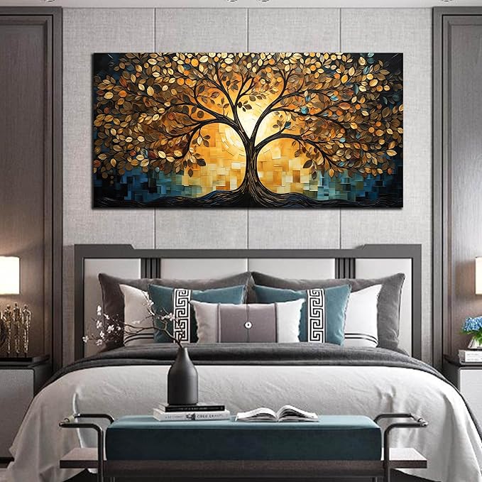 SKYRISE Abstract Tree Canvas Wall Art, Modern Colorful Decorative-Pictures with Gold Yellow and Blue Leaves Printed Painting Artwork Wall-Decor for Living Room Bedroom Office, Large Size 59x29 Inches