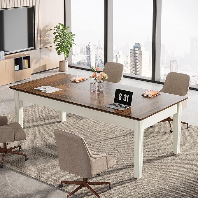 Tribesigns 62-Inch Computer Desk, Large Office Executive Desk with Solid Wood Legs, Modern Simple Laptop Desk Study Writing Table Workstation Furniture for Home Office, Rustic Brown & Cream White