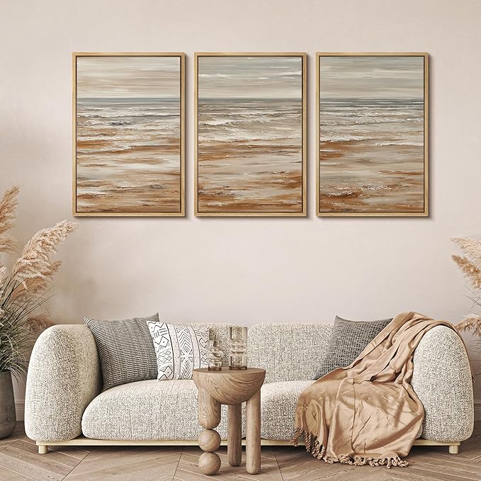 MUDECOR Framed Wall Art Print Set Neutral Coastal Seascape Minimalist Ocean Waves and Sandy Shore Illustrations Modern Art Boho Decorative for Living Room, Bedroom, Office - 16"x24"x3 NATURAL