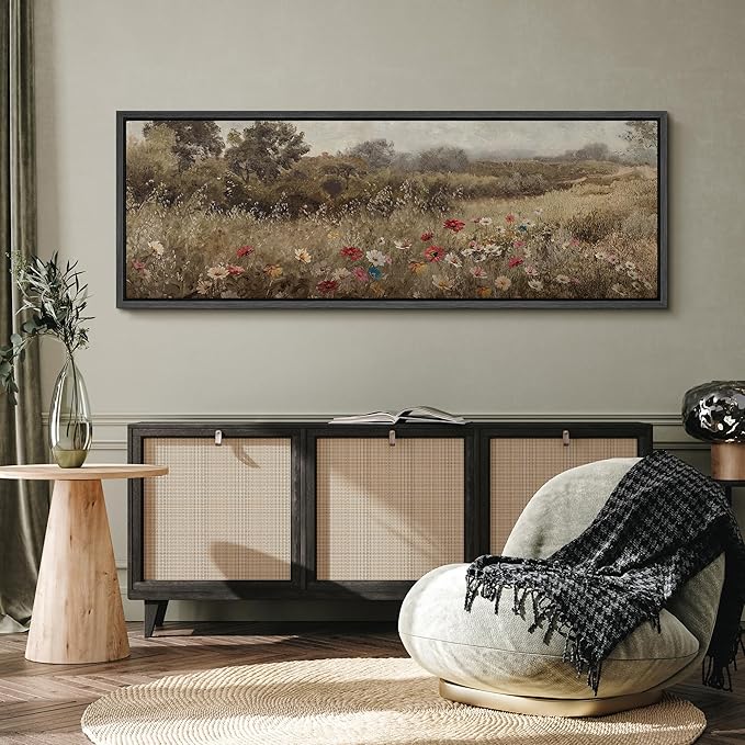 SIGNFORD Large Framed Canvas Wildflower Meadow in Soft Fog Vintage Nature Illustrations Modern Art Calm Warm for Living Room, Bedroom, Office - 60"x20"