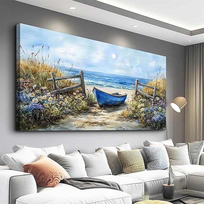 ZUITINGHUA Large Wall Decor For Living Room Canvas Wall Art For Office Modern Wall Decorations For Bedroom Boat Landscape Painting Seaside Pictures Artwork Room Home Decor 24x48 In