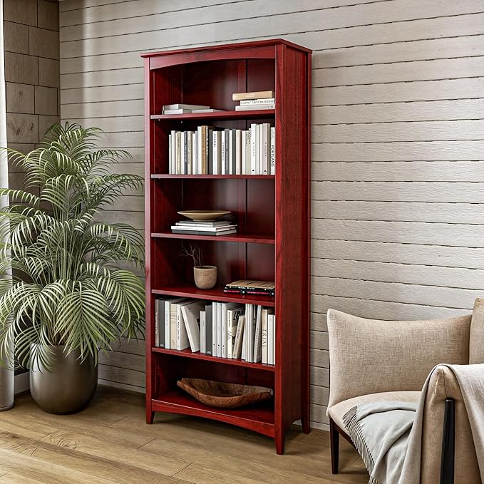 Camaflexi Shaker Style 6 Shelf Bookcase/Solid Wood / 72" High/Adjustable Shelving/Closed Back/Display Bookshelf for Living Room, Bedroom, Home and Office, Red Garnet Stain