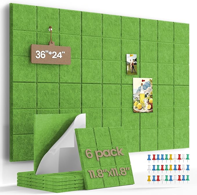 Large Felt Board Tiles for Wall with 30 Push Pins, 11.8"x11.8" Pack of 6 Pin Board Notice Boards for Home Office Kitchen, Bulletin Board Wall Tiles for Photos Memos (Green, 6 Pack)