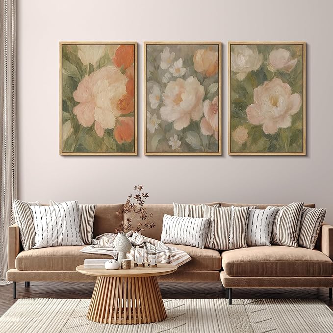SIGNFORD Framed Wall Art Print Set Soft Pastel Peony Floral Romantic Botanical Digital Art Modern Art Contemporary for Living Room, Bedroom, Office - 24"x36"x3 NATURAL