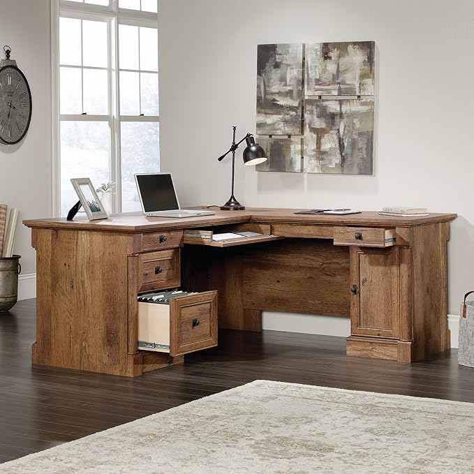 Sauder Palladia L Shaped Desk with Drawers, Office Desk with File Cabinet Storage, Cable Management, Keyboard Tray, in Vintage Oak Finish