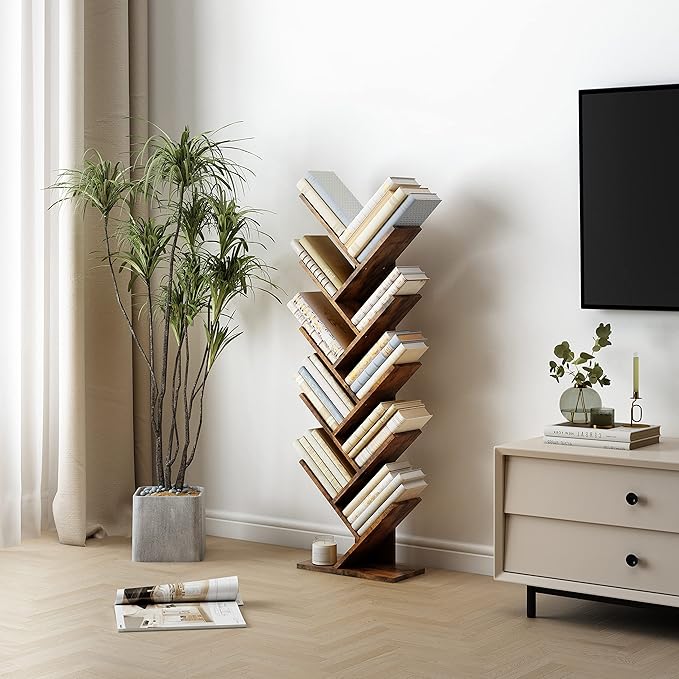 Hoctieon 10 Tier Tree Bookshelf, 10 Shelf Bookcase, Free Standing Tree Bookcase, Display Floor Standing Shelf for Books, Book Shelf Organizer, Rustic Brown