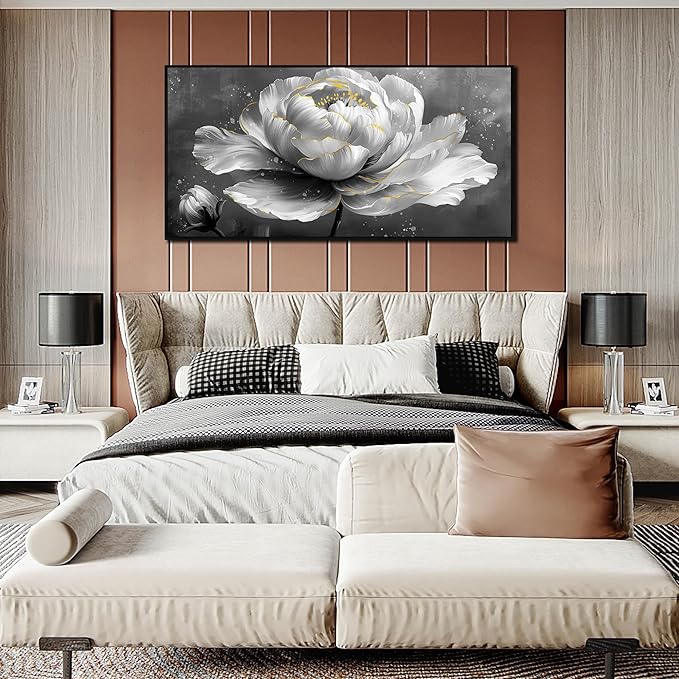 Floral Wall Art Black Framed Wall Paintings White Pictures Large Wall Decorations for Girl Women Room 29"x59"