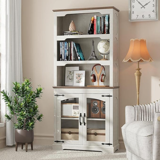 Tall Bookcase, 70 inch Height, 5-Tier Open Storage Shelf, 31.5 in Wide Standing Bookshelves for Home, Office, Bedroom, School, Library, 31.5W * 11.81D *70H (White Espresso, Glass Door)