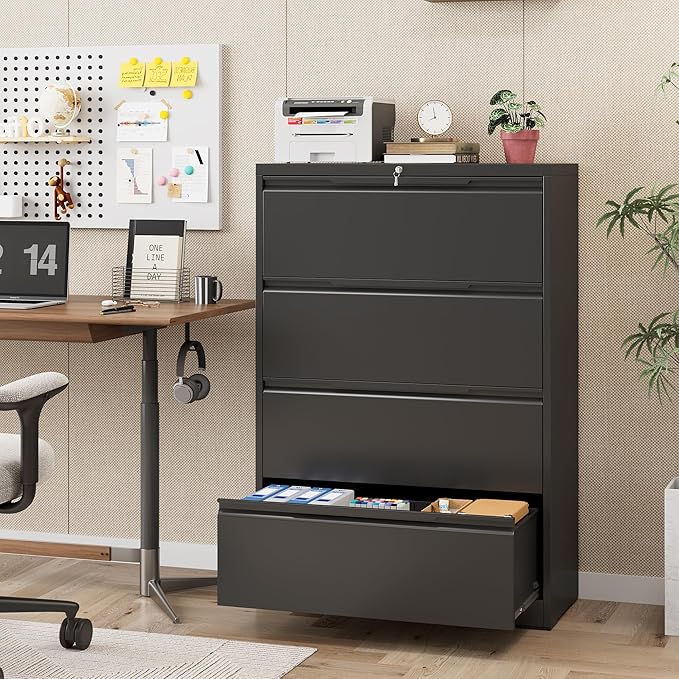 4 Drawer Lateral File Cabinet with Lock, Heavy-Duty Metal Vertical Filing Cabinet for Office, Steel Storage Compatible with Hanging Files Letter/Legal/F4/A4 Sizes (4 Drawer, Black)