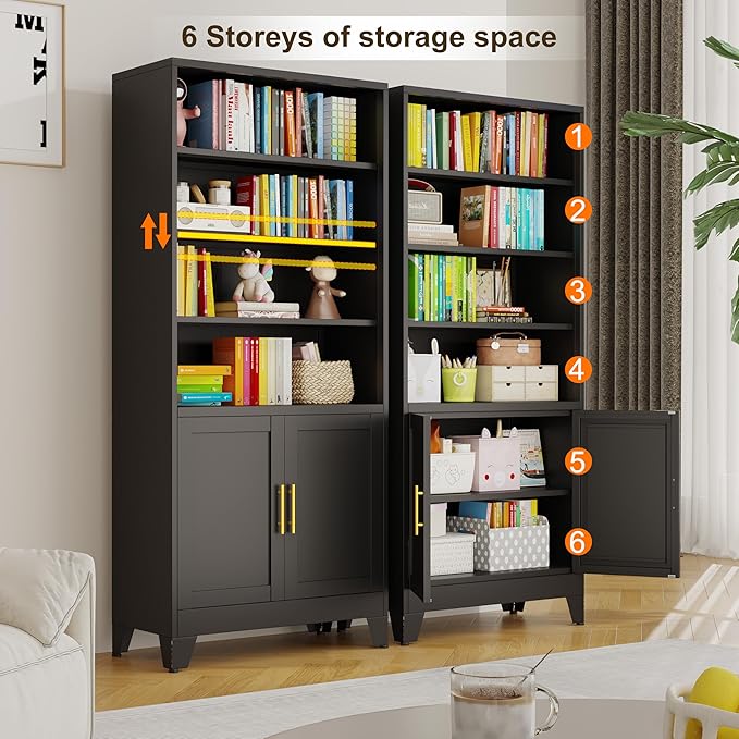 71" H Tall Metal Bookcases and Bookshelves with 2 Doors and Adjustable Shelves，Tall Storage Cabinet Industrial Bookshelf 6-Tier Open Display Shelf，Decor Furniture for Living Room, Bedroom