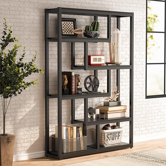 Tribesigns Way to Origin 6-Shelf Modern Bookshelf Set of 2, Industrial Etagere Bookcase, 69-Inch Tall Storage Display Staggered Shelves with Sturdy Metal Frame, Black