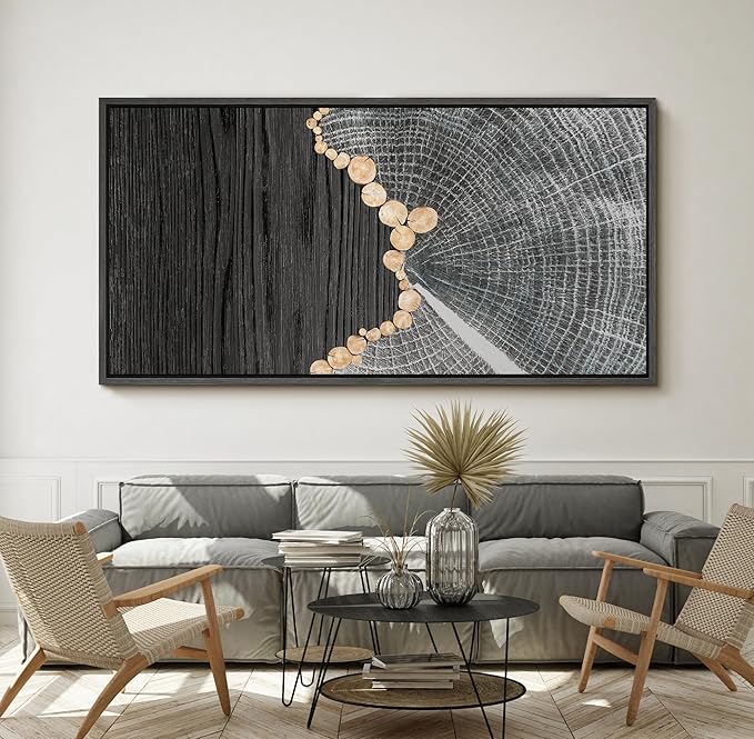SIGNFORD Extra Large Framed Canvas Black Wood and Tree Ring Abstract Illustrations Modern Art Calm for Living Room, Bedroom, Office - 60"x30"