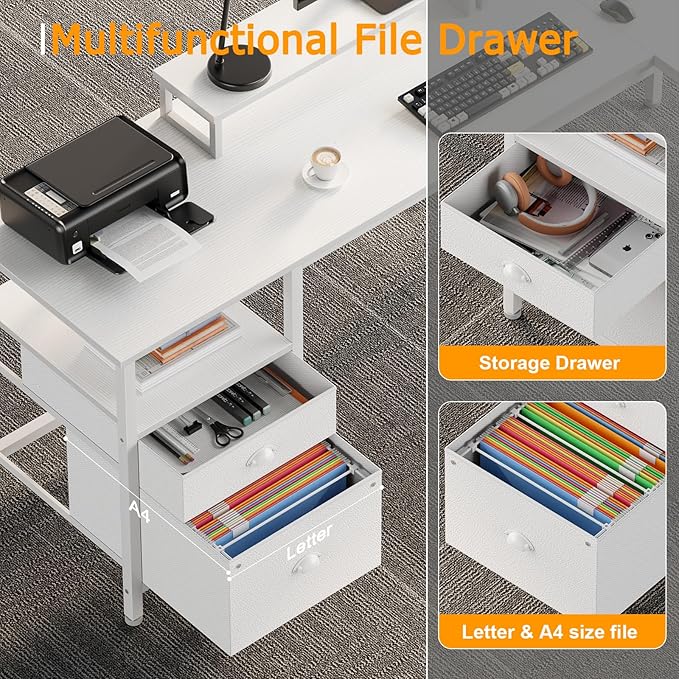 Furologee 66” L Shaped Desk with Power Outlet, Reversible Computer Gaming Desk with File Drawer & 2 Monitor Stands for Home Office with Storage Shelves, White