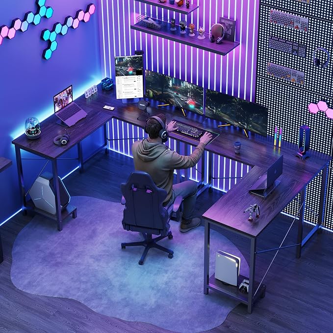 DUMOS L Shaped Desk, Computer Gaming Desks Corner Office Table with CPU Shelf for Home Study Writing Work Station 50 Inch, Grey