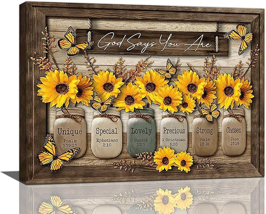 Christian Sunflower Wall Art Rustic Butterfly Bible Verse Pictures Wall Decor Country God Says You Are Canvas Painting Modern Home Artwork Decoration for Bathroom Living Room Bedroom Office Framed