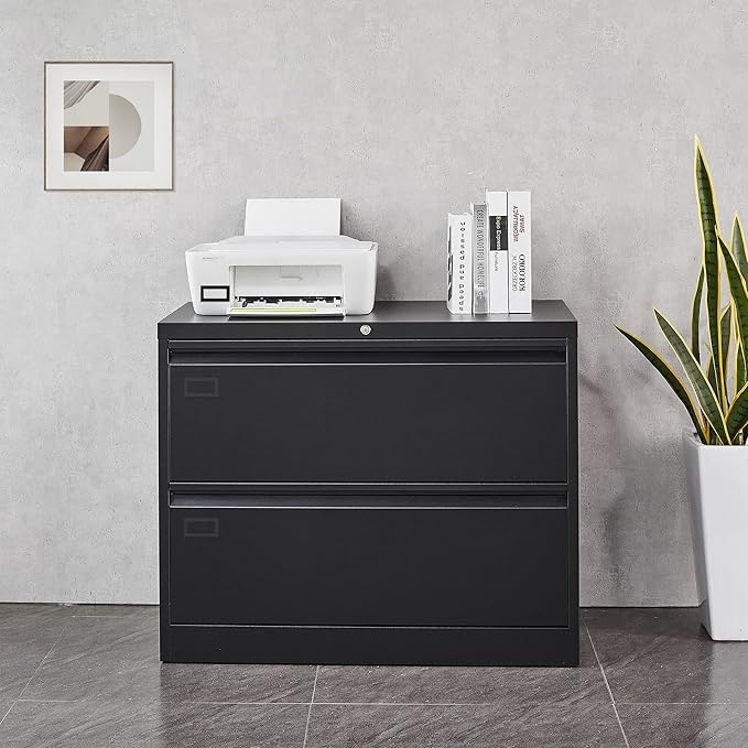 2 Drawer Filing Cabinet, Black Lateral File Cabinet with Lock, Lockable Metal File Cabinet for Home Office, Office File Cabinets for Legal/Letter/A4/F4 Size with Hanging Files&Key (Black(2 Drawer))