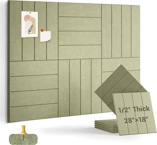 1/2" Thick Cork Board for Office, 6 Pack Felt Wall Tiles -28"x18" with Safe Adhesive Tabs, Large Bulletin Board, Push Pin Board Organizer Wall - Sage Green