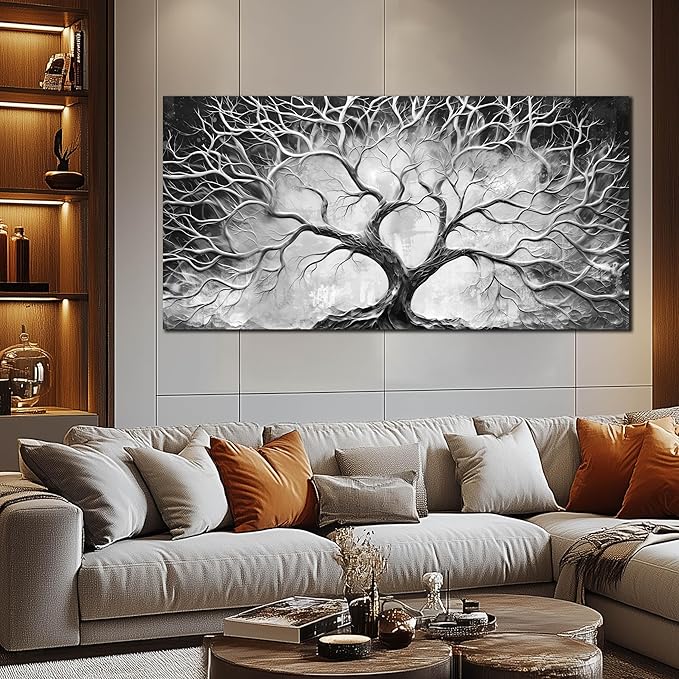 Tree Wall Art for Living Room - Black and White Canvas Wall Art for Office - Home Office Decor Wall Size 29" x 59"