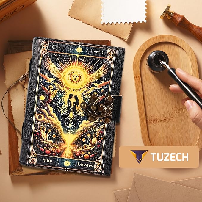 TUZECH Book of Spells Leather Bound Journal Deckle Edge Paper Grimoire Printed Diary Third Eye witchcraft supply and Witch Spell Notebook Antique Vintage Book for Men and Women (The Angel Lovers)
