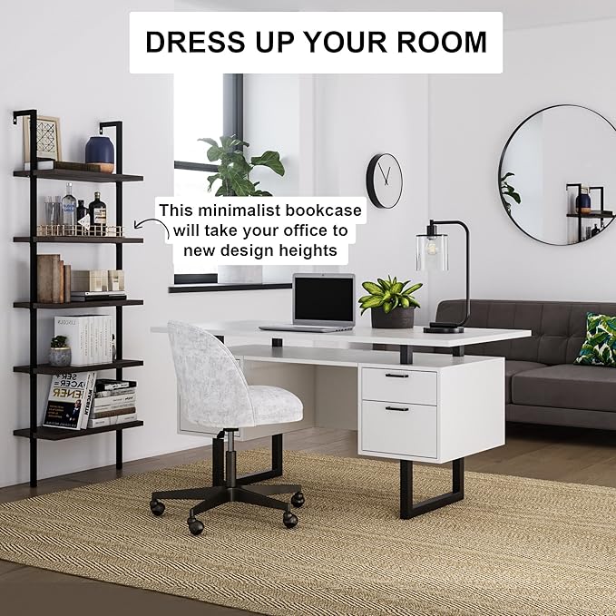 Nathan James 65501 Theo 5-Shelf Wood Modern Bookcase, Open Wall Mount Ladder Bookshelf with Industrial Metal Frame, Dark Walnut Brown/Black, Set of 2