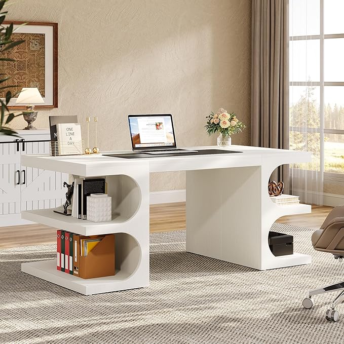 Tribesigns White Executive Office Desk, 63" Computer Desk with Storage Shelves, Modern Wood Study Writing Table, Large Workstation Business Furniture for Home Office (Table Only)