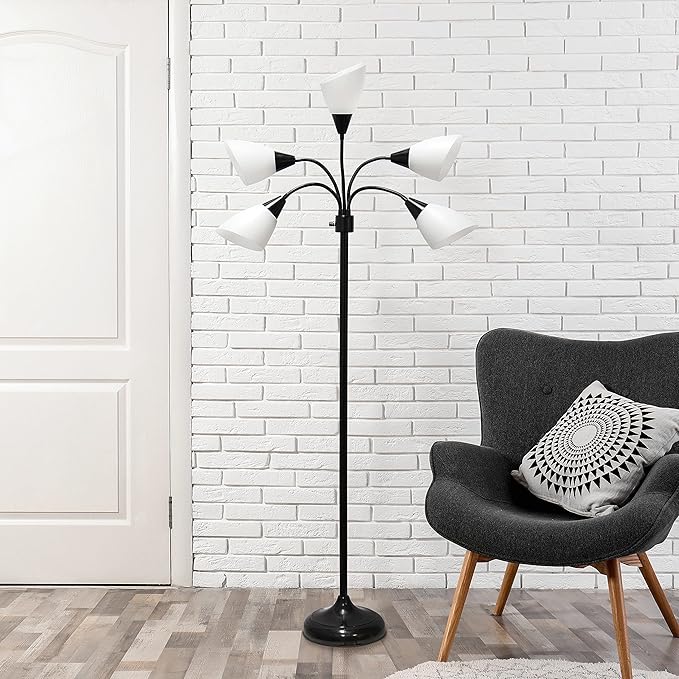 Simple Designs LF2006-BAW 67" Contemporary Multi Head Medusa 5 Light Adjustable Gooseneck Black Floor Lamp with White Shades for Kids Bedroom Playroom Living Room Office
