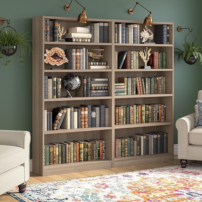 Bush Home Universal Tall 5 Shelf Bookcase in Ash Gray, Vertical Storage and Display Bookshelf for Home Office or Living Room Organization