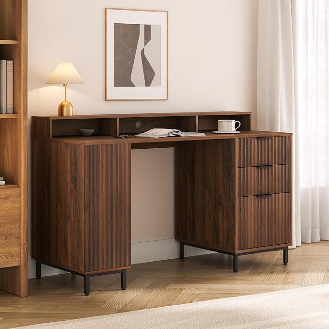 Brown Fluted Executive Desk with Storage Shelf & File Drawer, 55" Modern Wood Office Desk with Monitor Stand & Charging Station, Home Writing Computer Table for Work Study